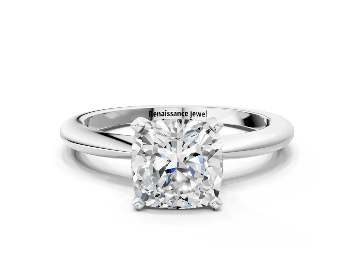 Cushion Cut Diamond Solitaire Ring with Six-Prong Setting and Classic Band Silver