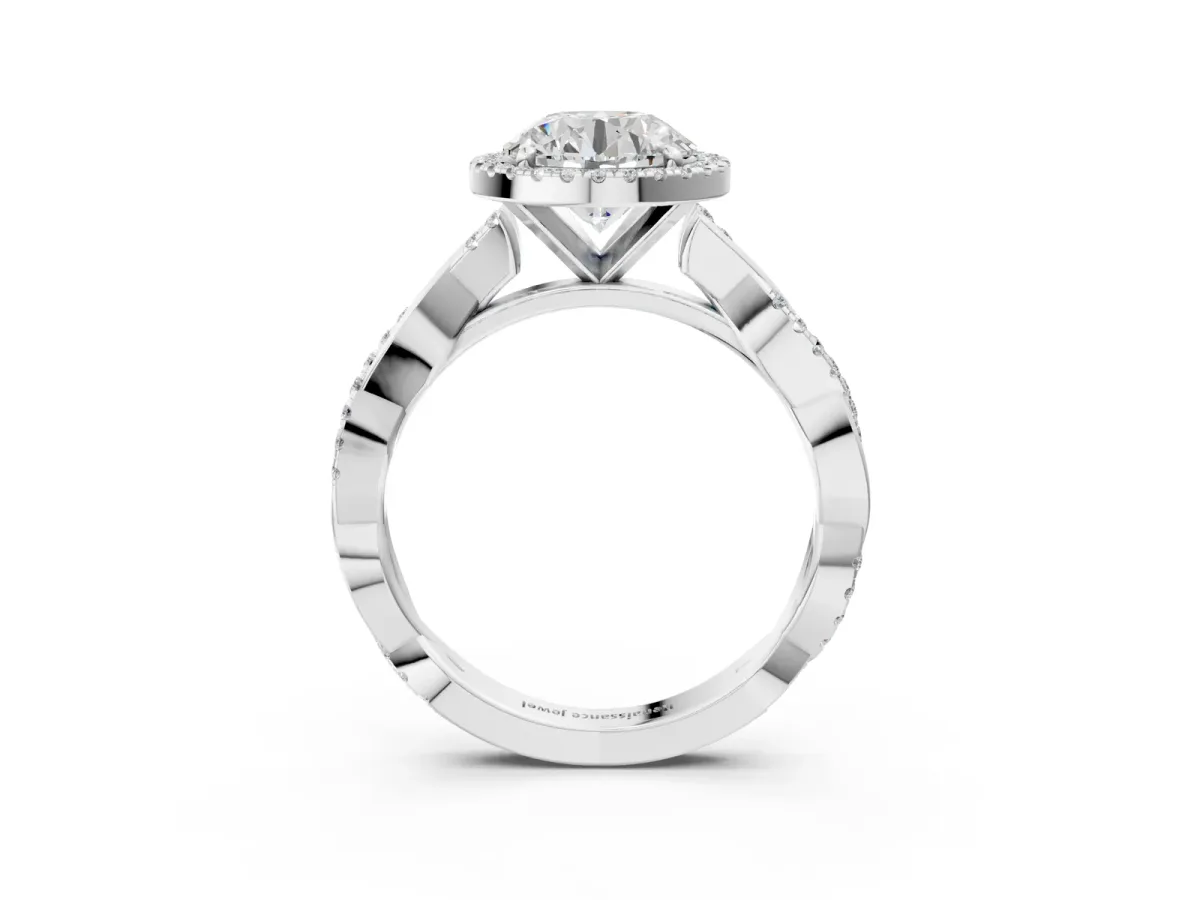 Round Cut Cut Halo Twisted Band Four-Prong Ring Platinum