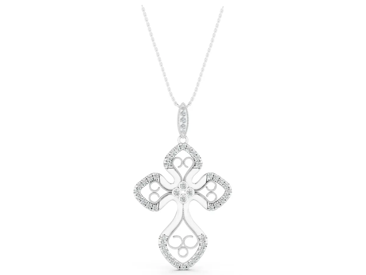 Diamond Pavé Round Milgrain Cross Pendant Silver
