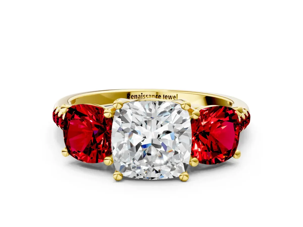 Three-Stone Cushion Cut Diamond Ring with Round Ruby Pavé Band and Prong Setting Yellow gold