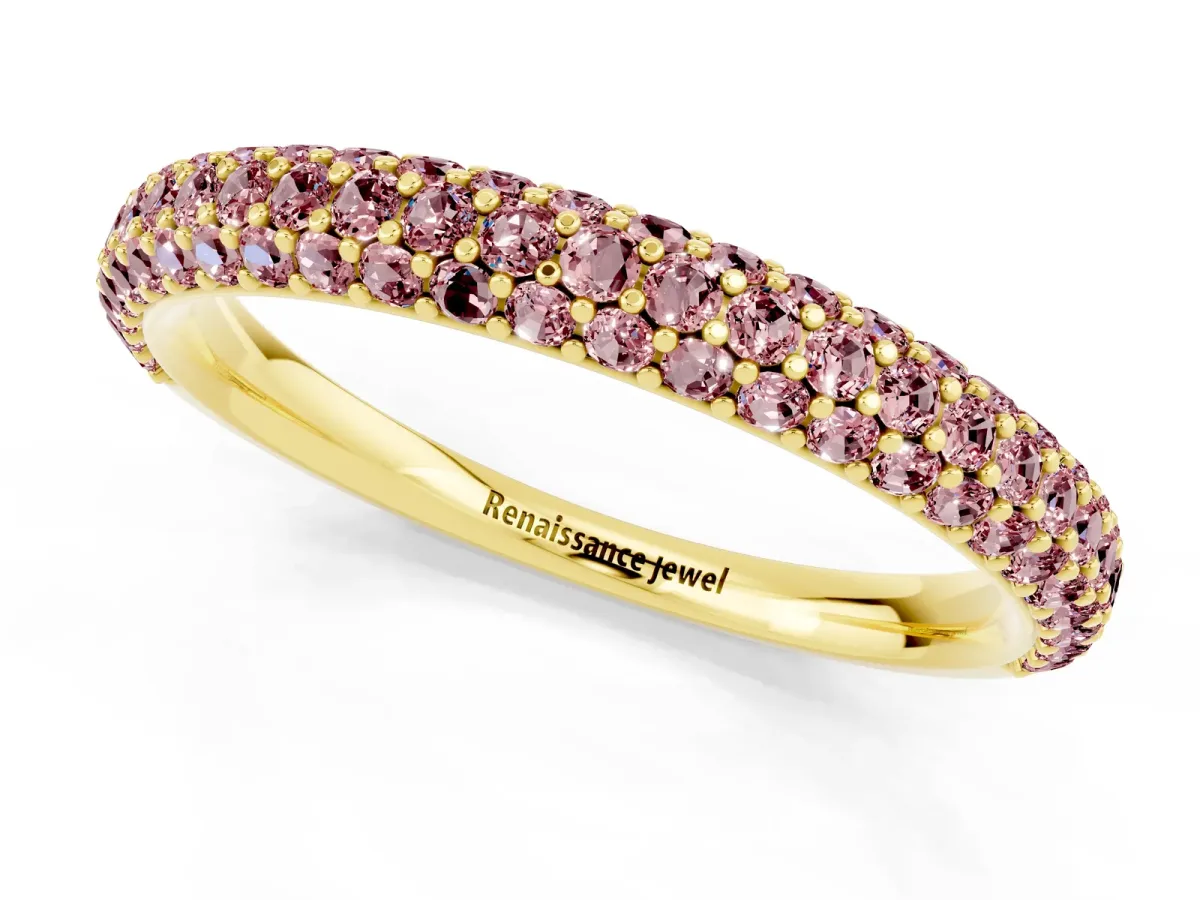 Round Morganite Pavé Eternity Band with Shared Prong Setting Yellow gold