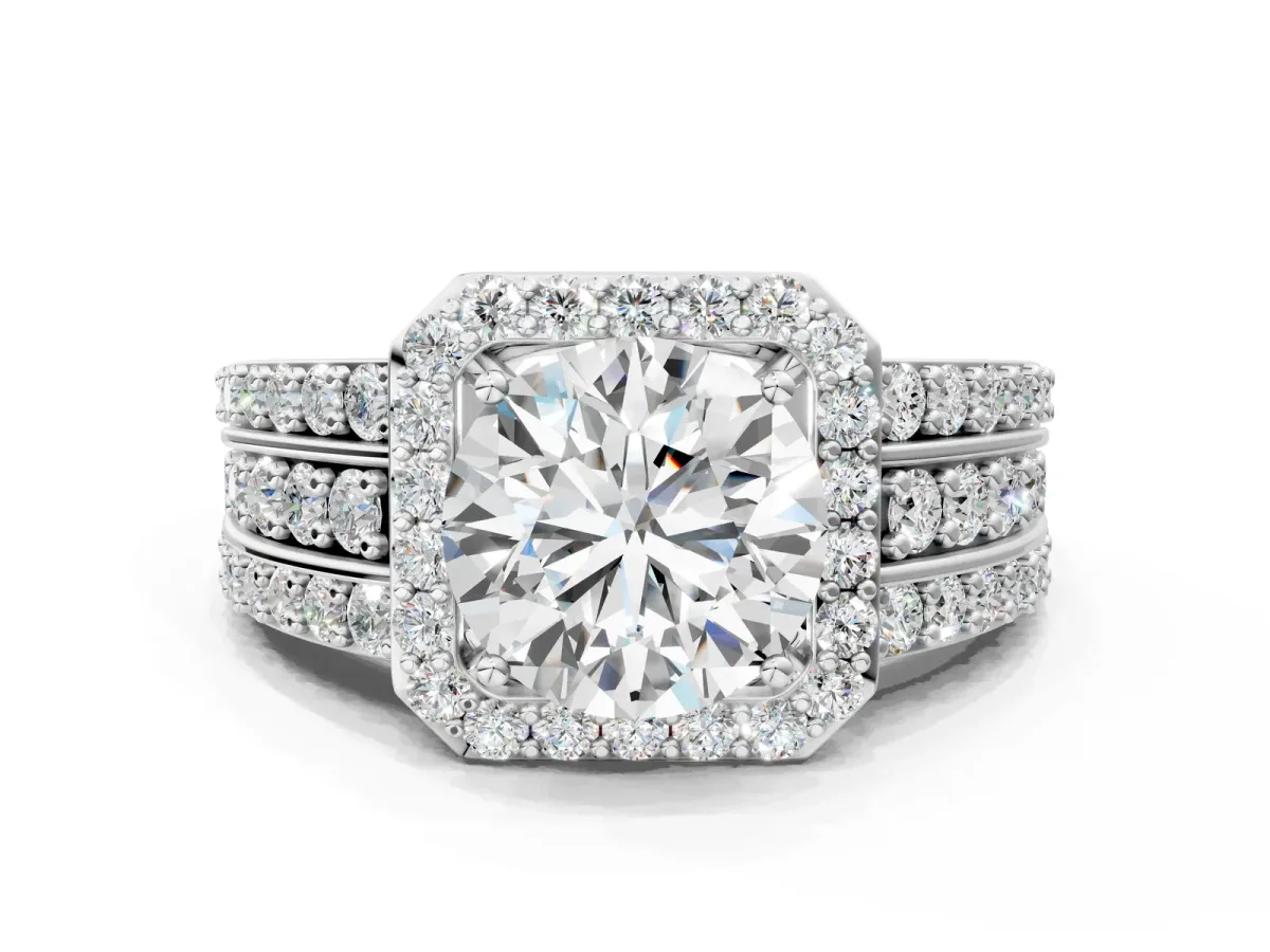 Round Cut Halo Diamond Ring with Round Tanzanite Split Shank and Prong Setting Platinum