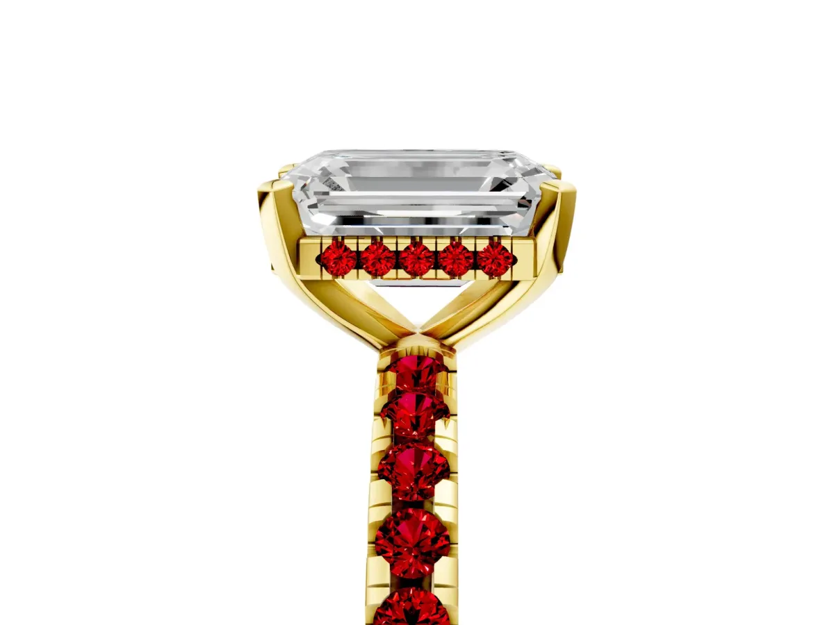 Emerald Cut Diamond Solitaire Ring with Round Ruby Pavé Band and Four-Prong Setting Yellow gold