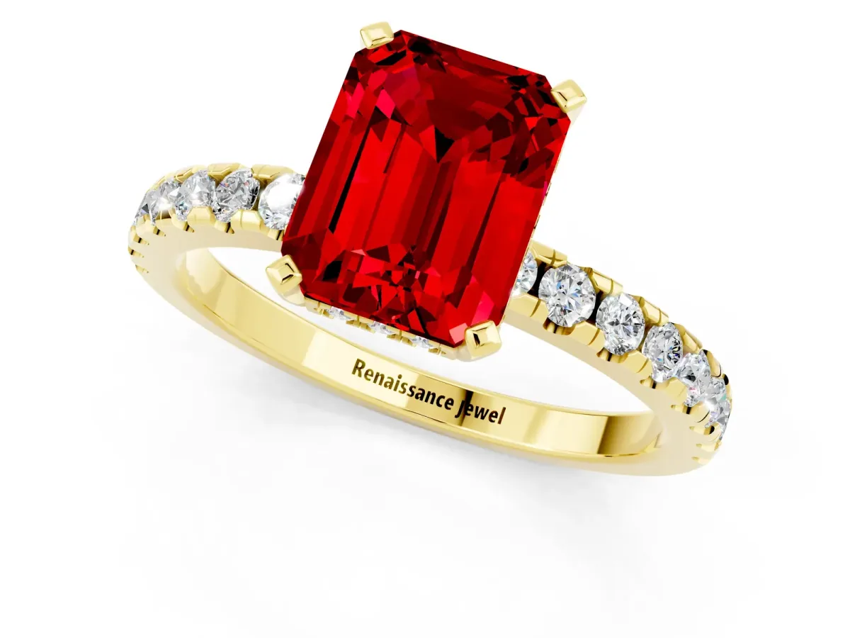 Emerald Cut Ruby Solitaire Ring with Round Pavé Band and Four-Prong Setting Yellow gold