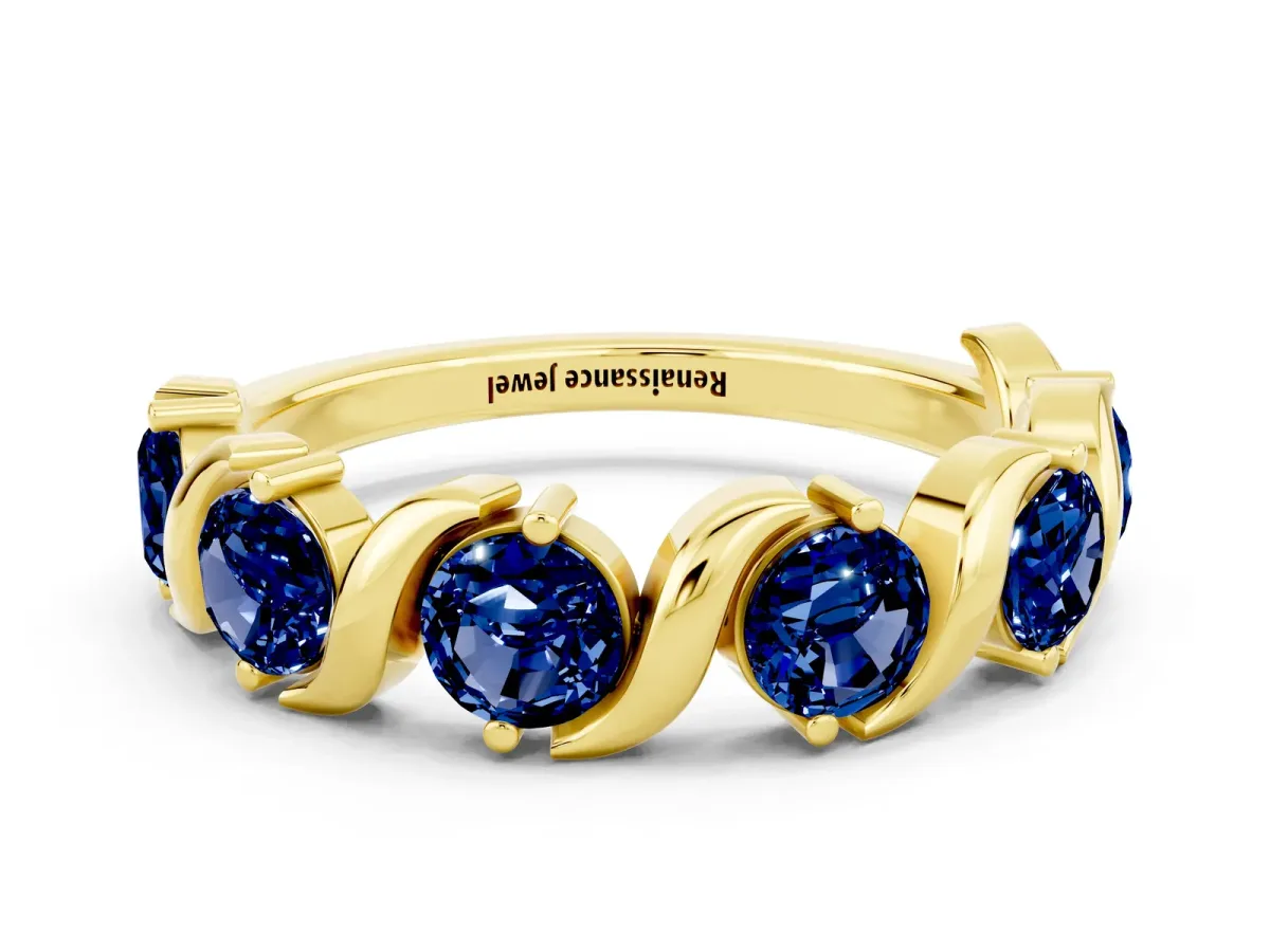 Six-Stone Round Blue Sapphire Wave Band with Shared Prong Setting Yellow gold
