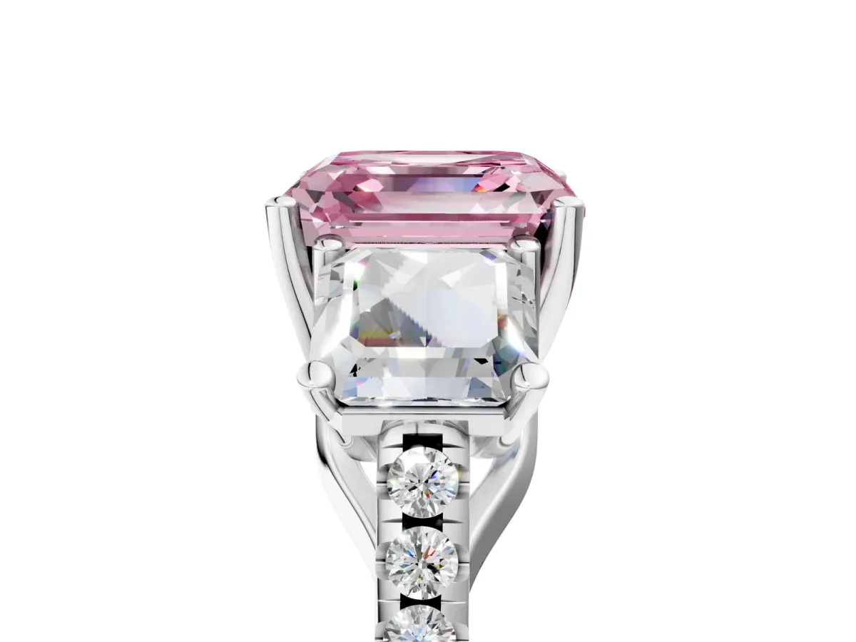 Fancy Pink Three-Stone Asscher Cut Diamond Ring with Round Pavé Band and Prong Setting Silver