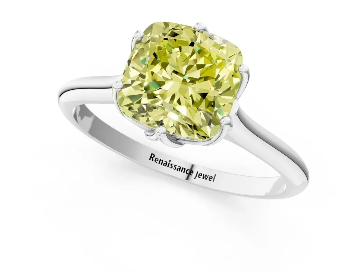 Fancy Yellow Cushion Cut Solitaire Cathedral Diamond Ring with Six-Prong Setting Silver