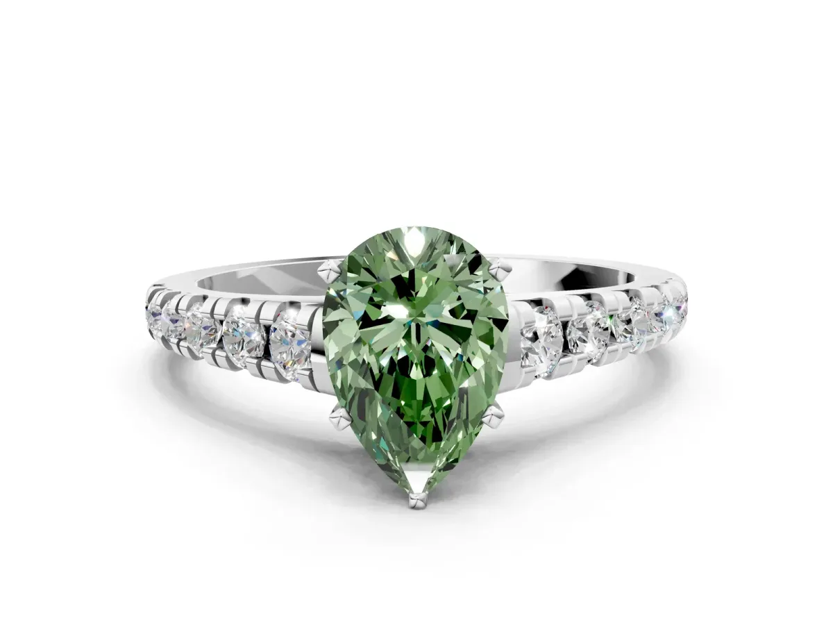 Fancy Green Pear Cut Diamond Cathedral Solitaire Ring with Round Pavé Band Silver