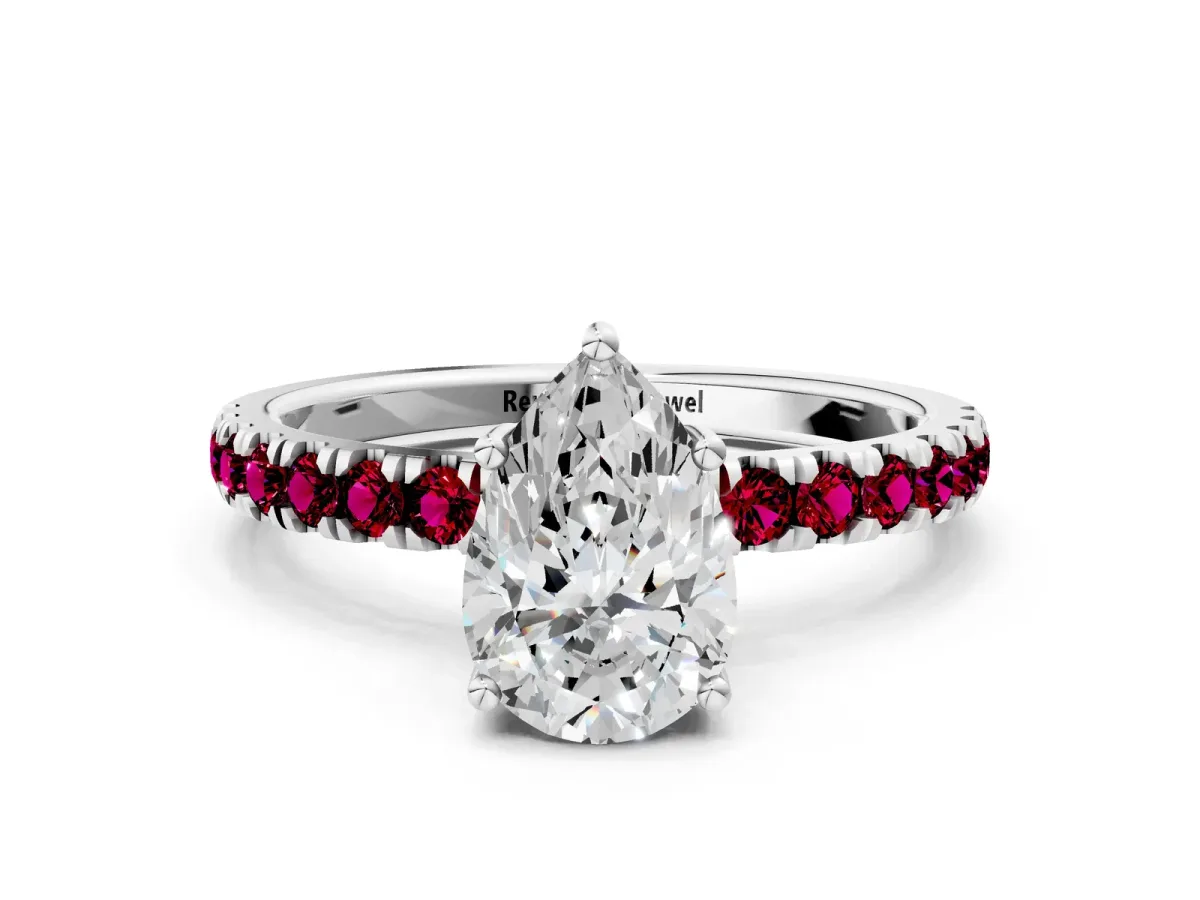Pear Cut Diamond Pave Band Solitaire Ring with Round Garnet and Prong Setting Silver