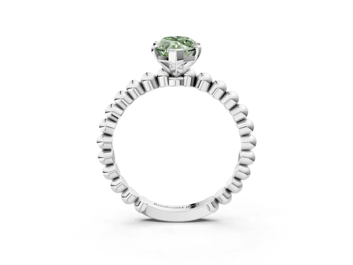 Fancy Green Marquise Cut Diamond Solitaire Ring with Beaded Band and Prong Setting Silver