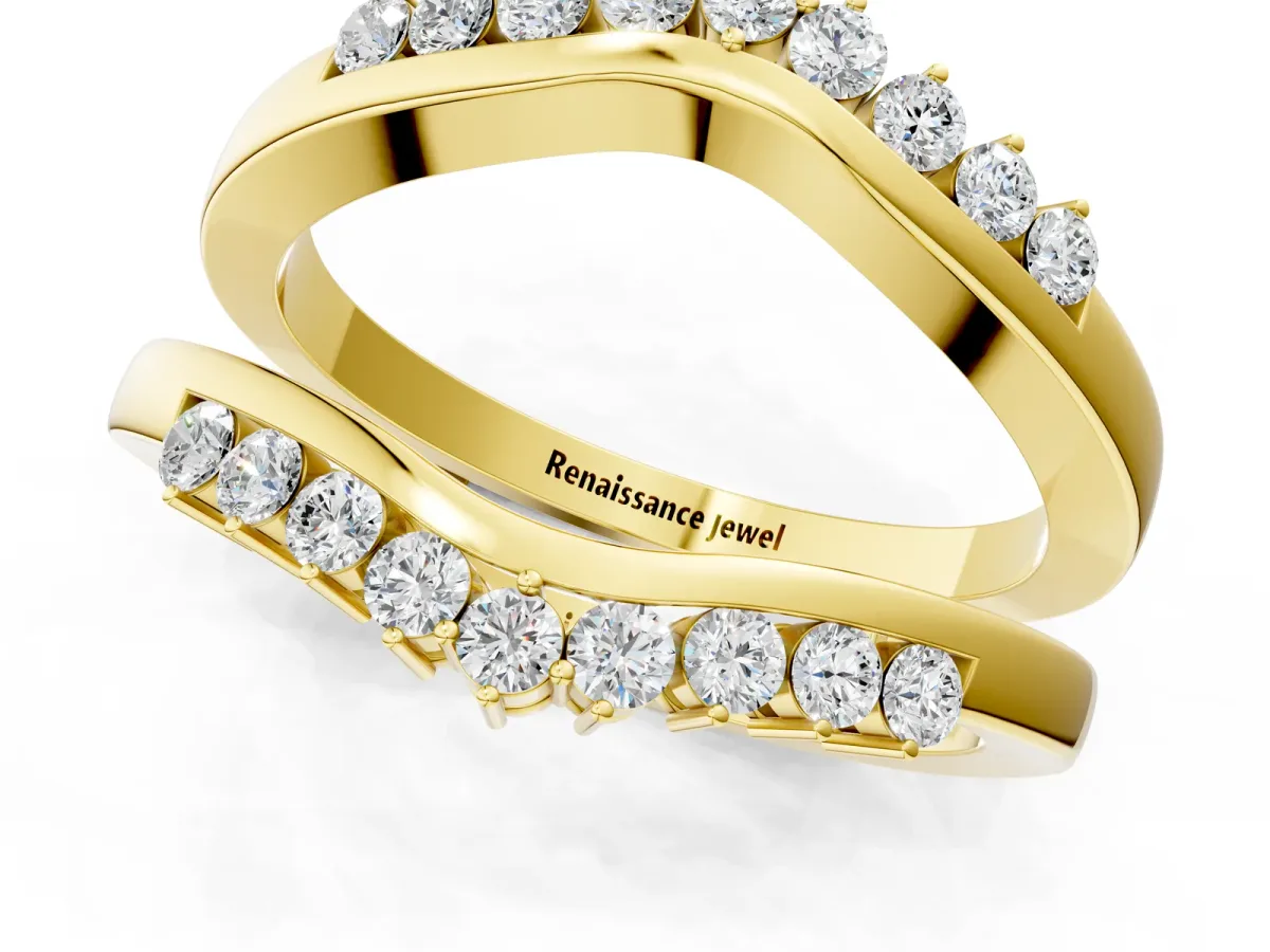 Round Diamond Chevron Contour Band with Prong Setting Yellow gold