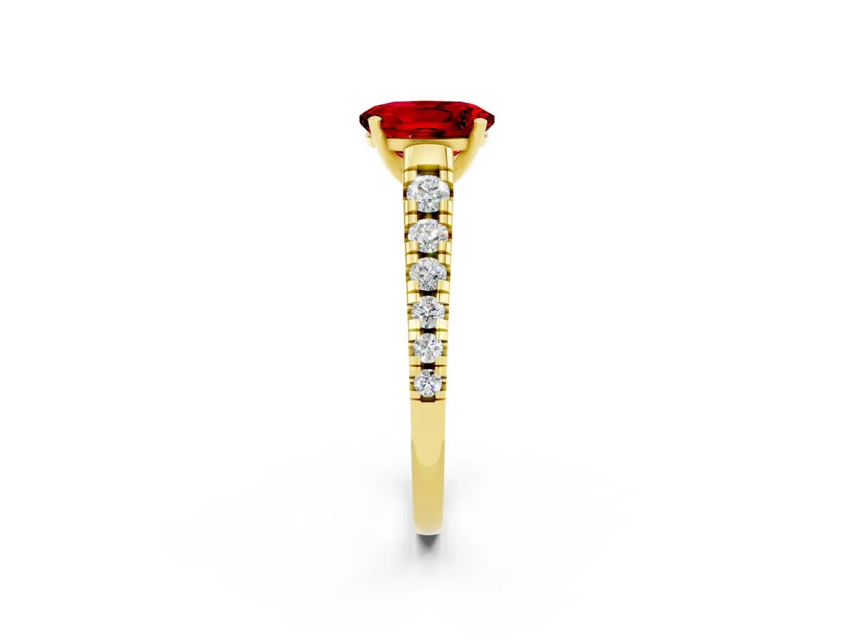 Oval Cut Ruby Cathedral Solitaire Ring with Round Pavé Band Yellow gold