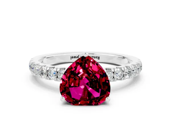 Heart Cut Garnet Pave Band Solitaire Ring with Round and Prong Setting Platinum