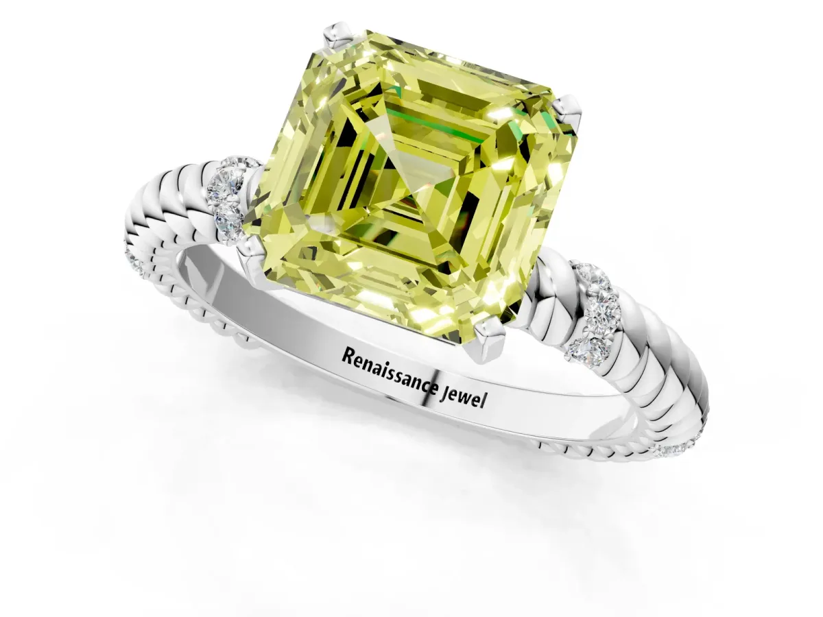 Fancy Yellow Asscher Cut Solitaire Twisted Band Prong Set Engagement Ring Platinum