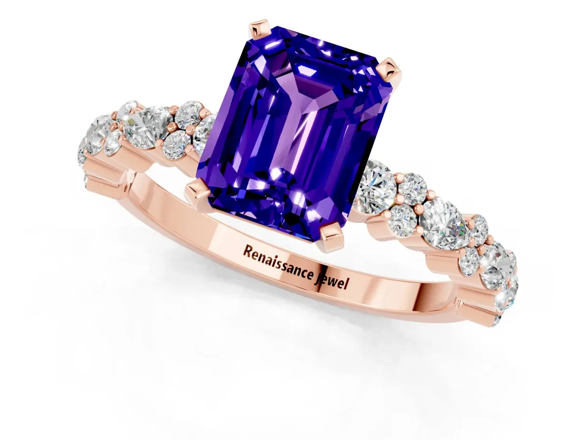 Emerald Cut Tanzanite Side Stone Solitaire Ring with Round and Four-Prong Setting Rose gold