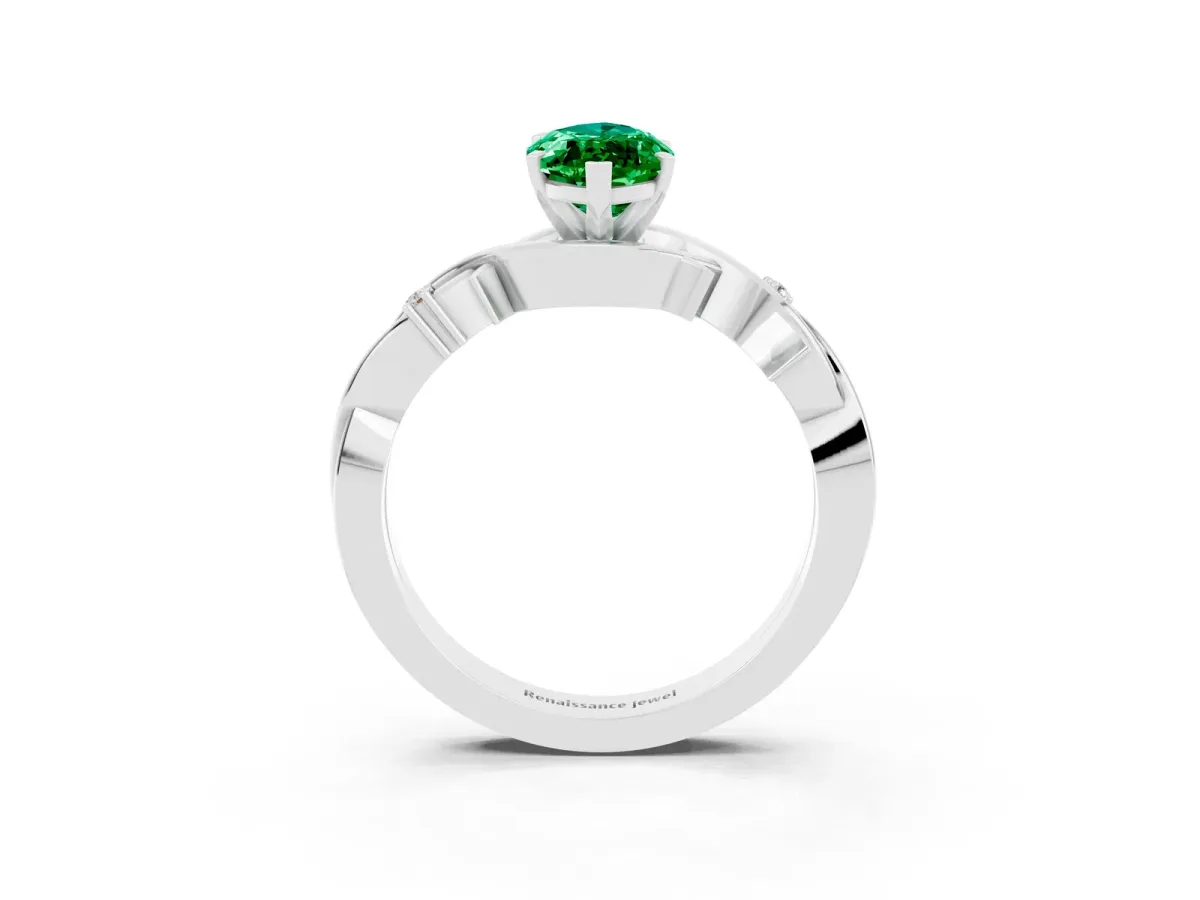 Marquise Cut Emerald Solitaire Ring with Twisted Band and Prong Setting Silver