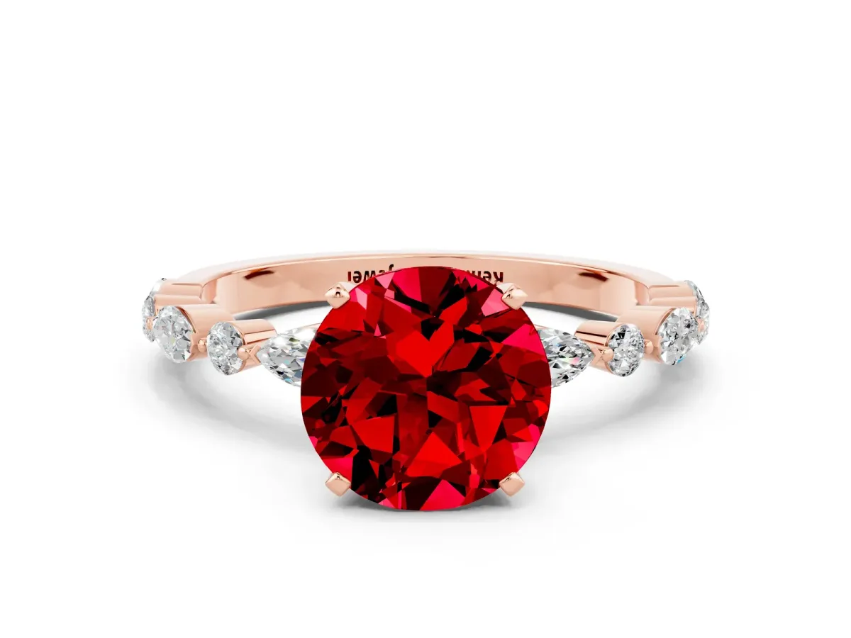 Round Cut Ruby Ring with Marquise and Round Side Stones and Four-Prong Setting Rose gold