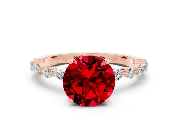Round Cut Ruby Ring with Marquise and Round Side Stones and Four-Prong Setting Rose gold