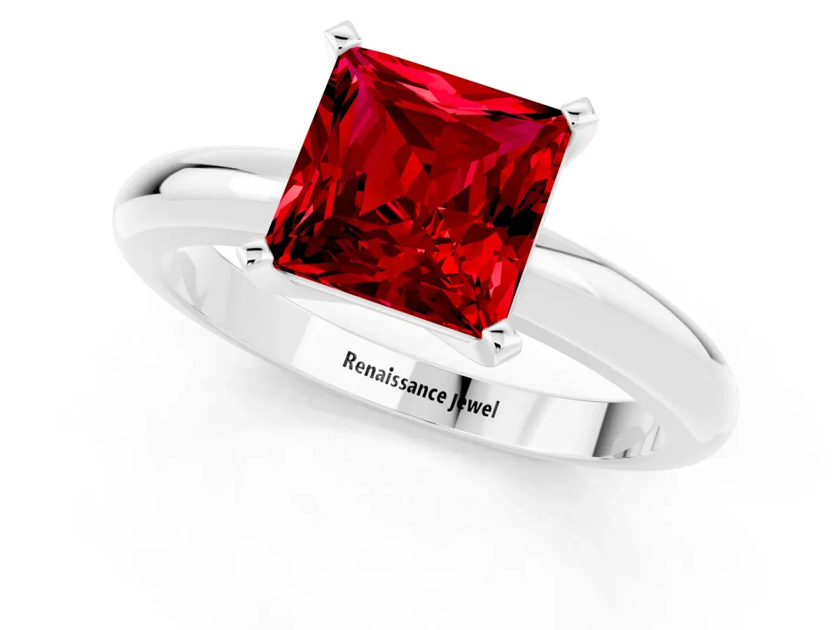 Princess Cut Ruby Solitaire Engagement Ring with Round Band and Four-Prong Setting Silver