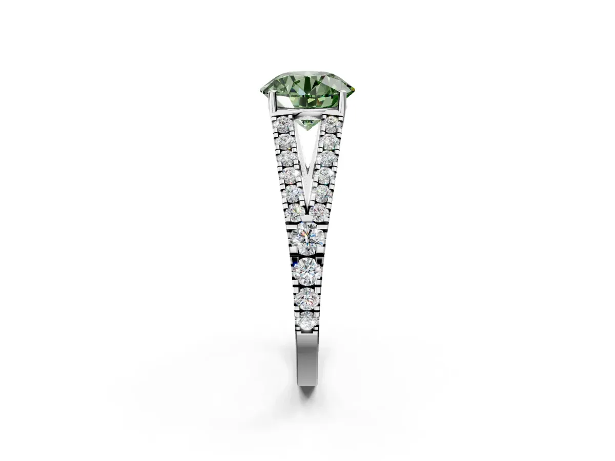 Fancy Green Round Cut Diamond Split Shank Engagement Ring with Round Pavé and Prong Setting Platinum