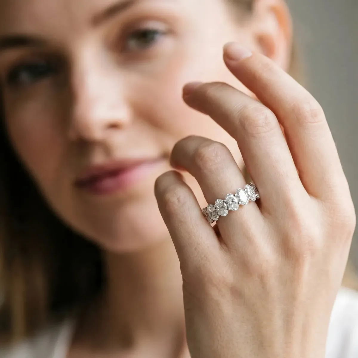 Oval Diamond Prong-Set Eternity Band Silver