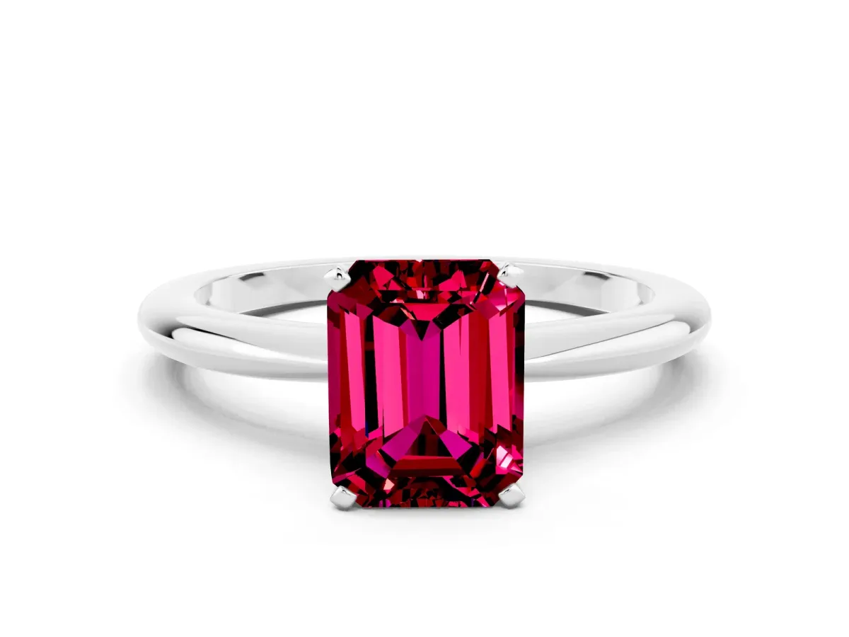 Emerald Cut Garnet Solitaire Ring with Six-Prong Setting and Classic Band Silver