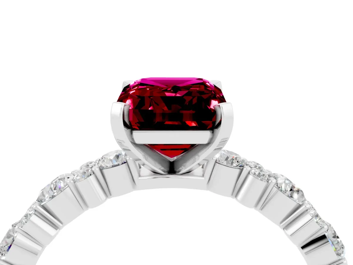 Emerald Cut Garnet Side Stone Solitaire Ring with Round and Four-Prong Setting White gold