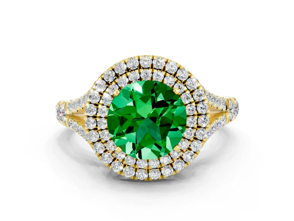 Round Cut Emerald Double Halo Ring with Split Shank and Prong Setting Yellow gold