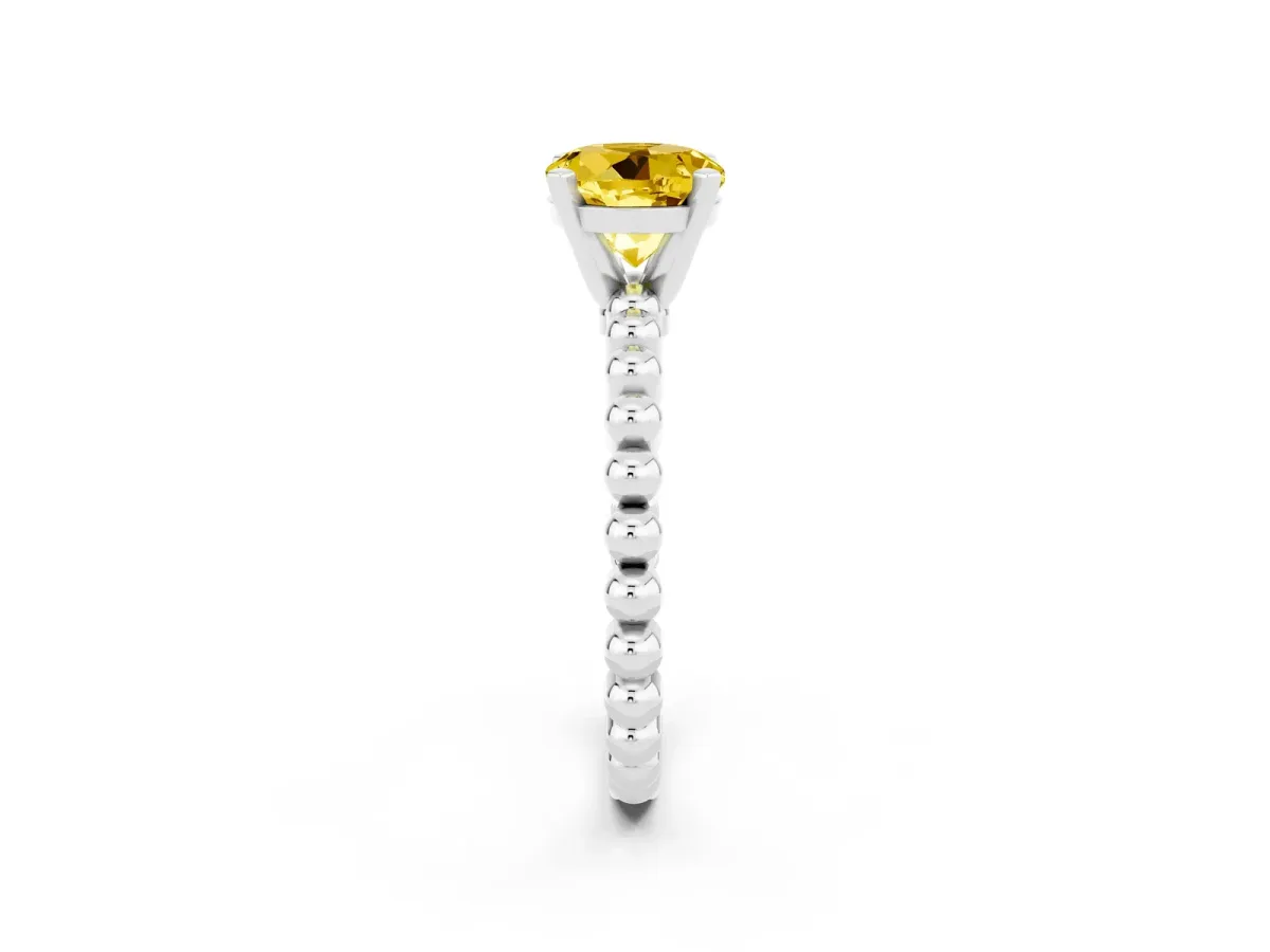Round Cut Yellow Sapphire Solitaire Ring with Beaded Band and Prong Setting Platinum