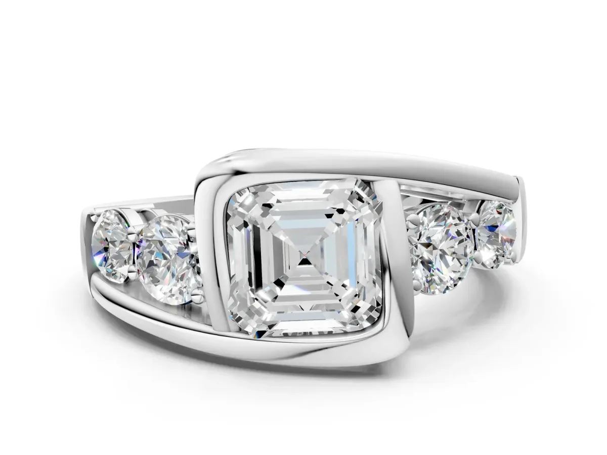 Bezel Set Asscher Cut Diamond Bypass Ring with Round Accents White gold