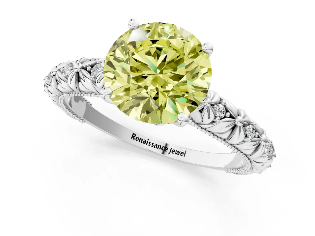 Fancy Yellow Round Cut Solitaire Floral Milgrain Engagement Ring Silver