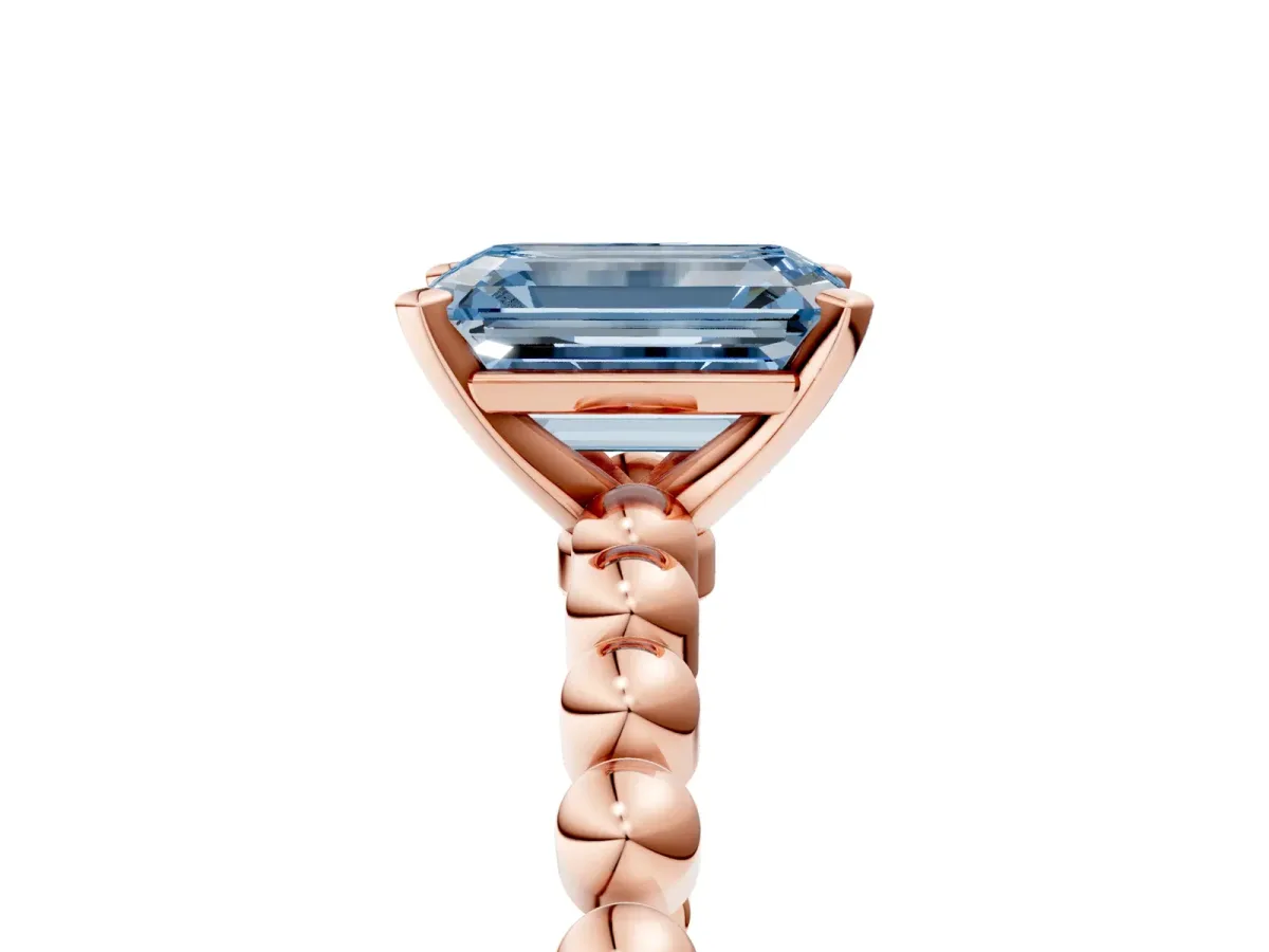 Fancy Blue Emerald Cut Diamond Solitaire Ring with Beaded Band and Prong Setting Rose gold
