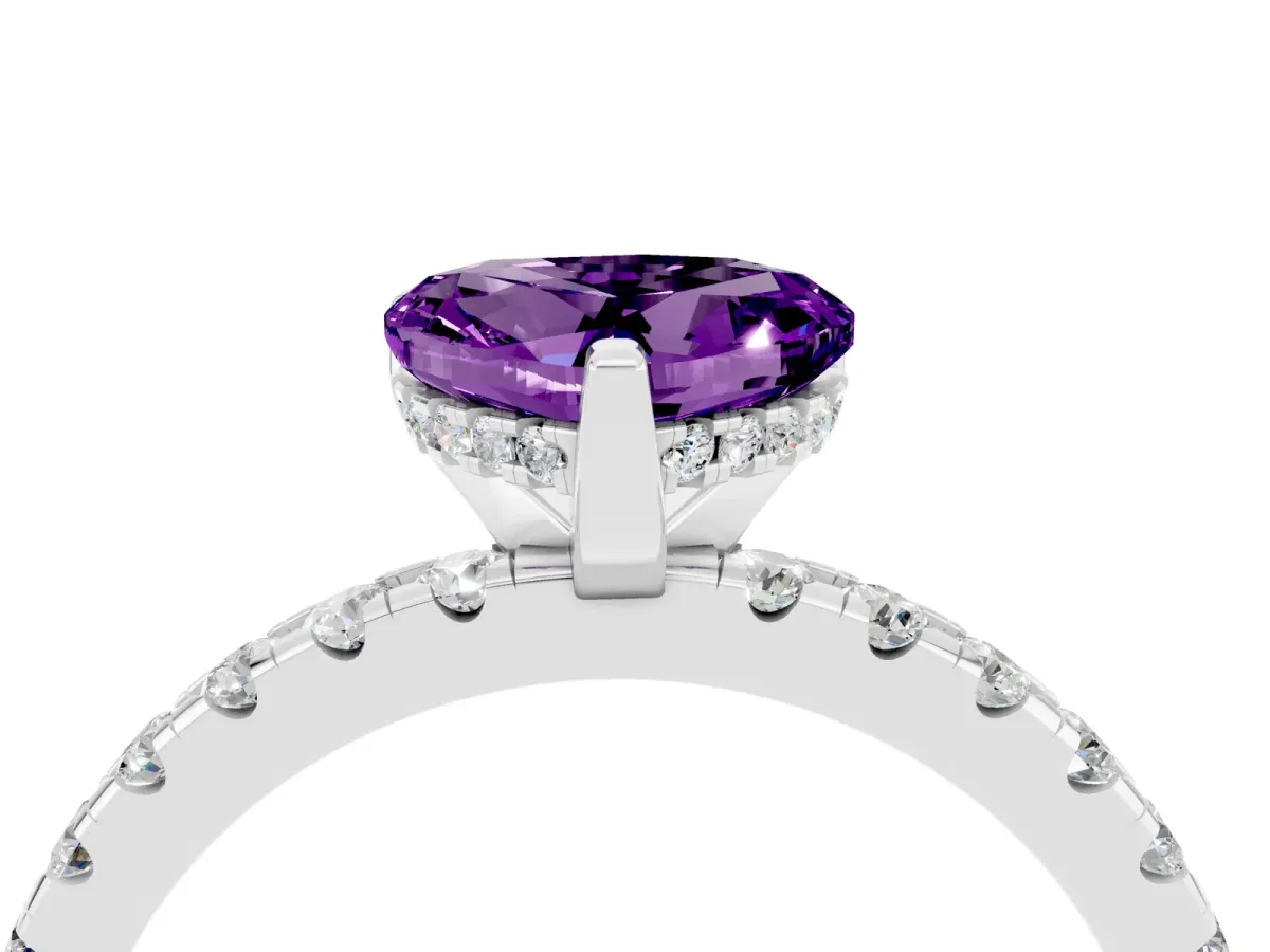 Heart Cut Amethyst Solitaire Ring with Round Pavé Band and Four-Prong Setting Silver