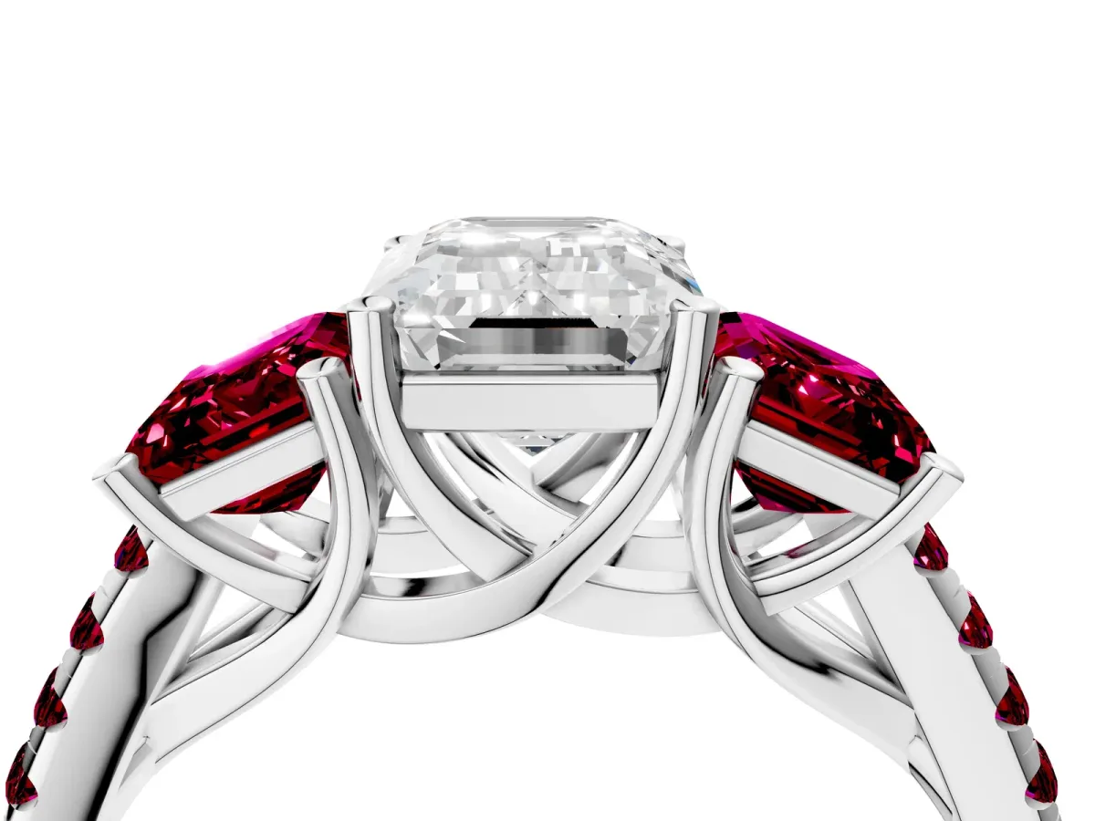 Three-Stone Emerald Cut Diamond Ring with Round Garnet Pavé Band and Prong Setting Platinum