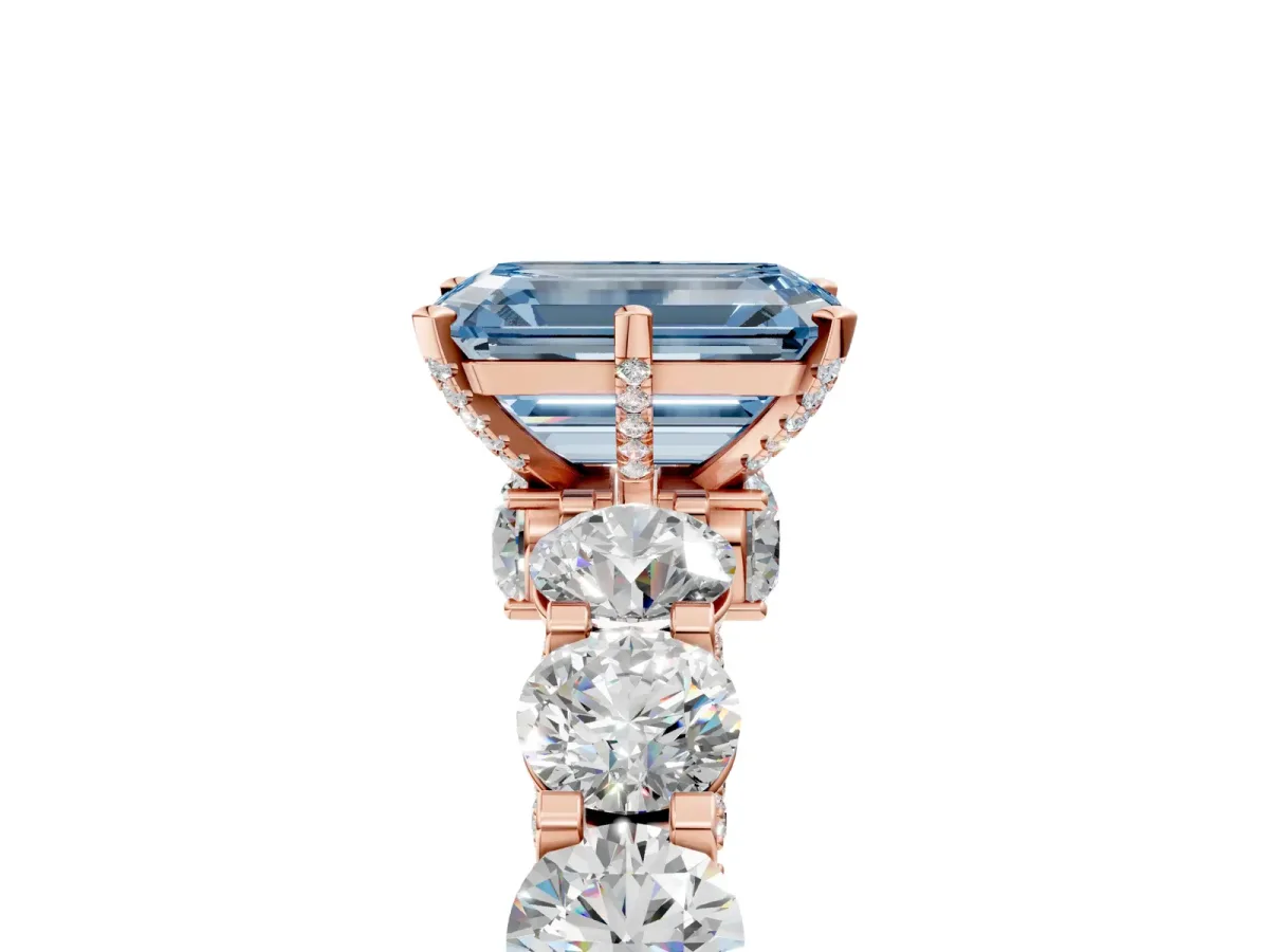 Fancy Blue Emerald Cut Diamond Side Stone Engagement Ring with Four-Prong Setting Rose gold