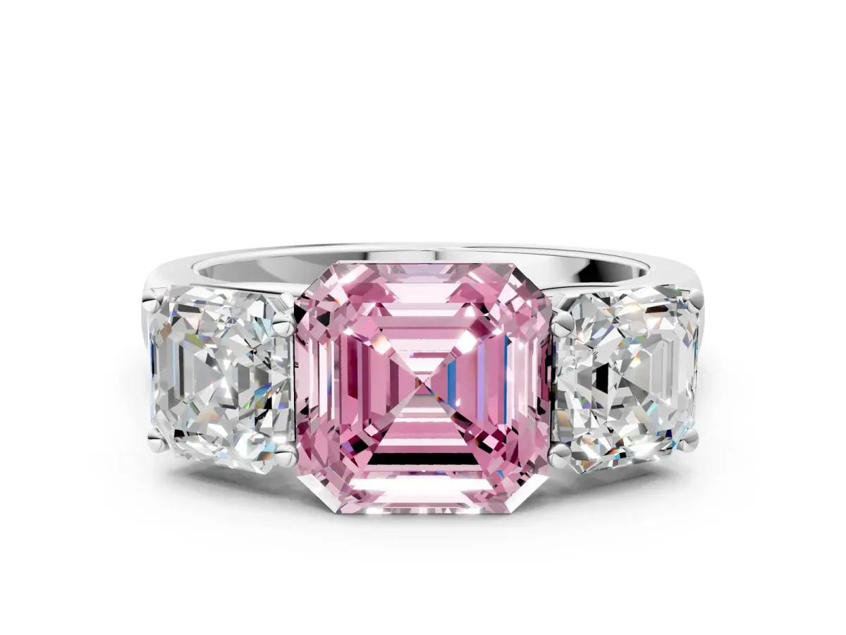 Fancy Pink Asscher Cut Three-Stone Diamond Ring with Prong Setting on a Classic Band Platinum