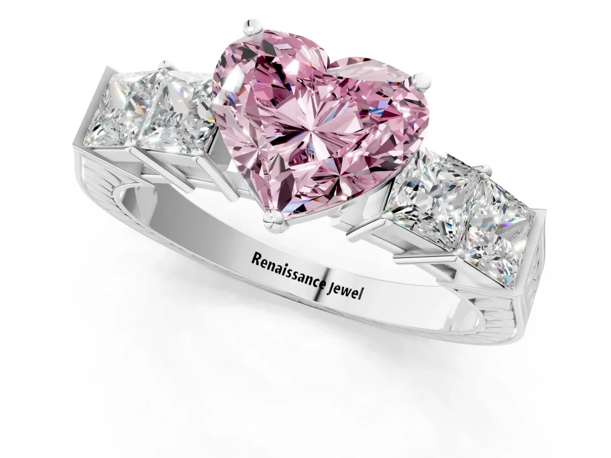 Fancy Pink Heart Cut Solitaire Princess Side Stone Engraved Band Prong Setting Ring Silver