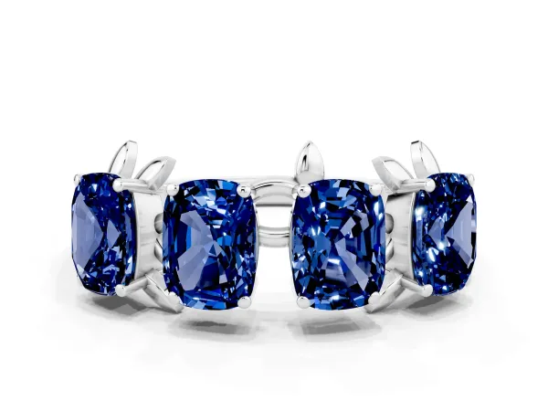 Four-Stone Elongated Cushion Blue Sapphire Band with Nature-Inspired Prong Setting Platinum