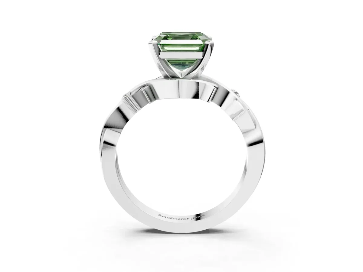 Fancy Green Asscher Cut Diamond Solitaire Ring with Twisted Band and Prong Setting Silver