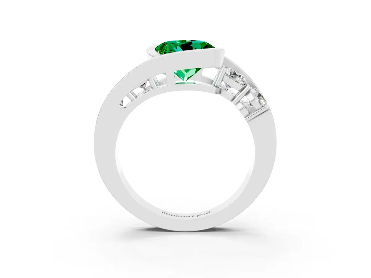Bezel Set Round Cut Emerald Bypass Ring with Round Accents Silver