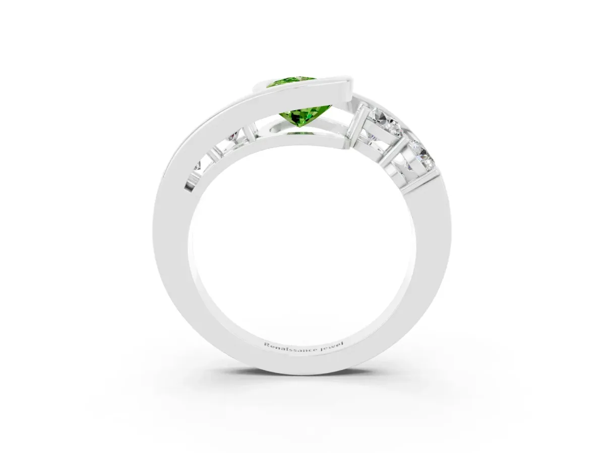 Bezel Set Pear Cut Peridot Bypass Ring with Round Accents Silver