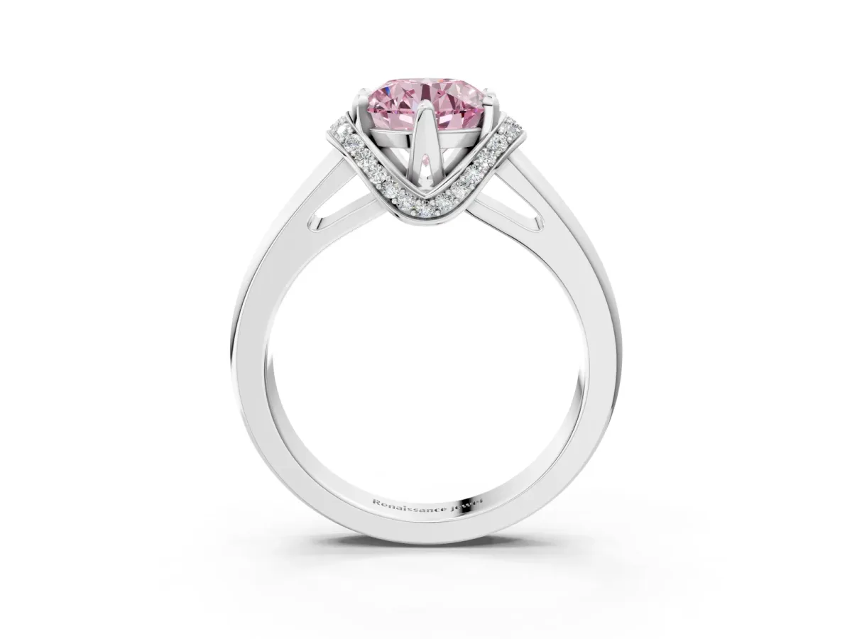 Fancy Pink Round Cut Solitaire Diamond Ring with Pave Band and Six-Prong Setting Silver