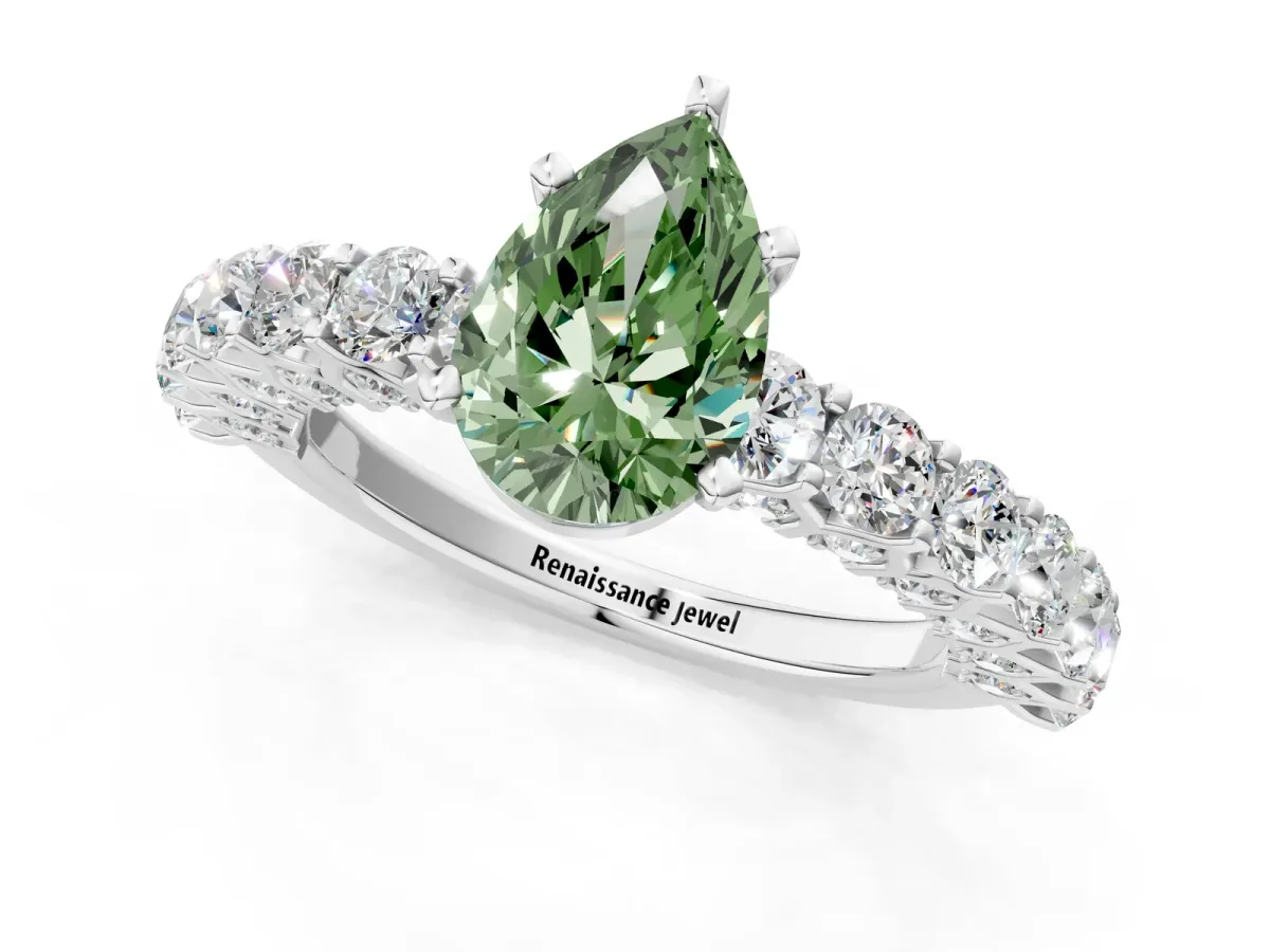 Fancy Green Pear Cut Diamond Solitaire Ring with Shared Prong Pavé Band and Four-Prong Setting Silver