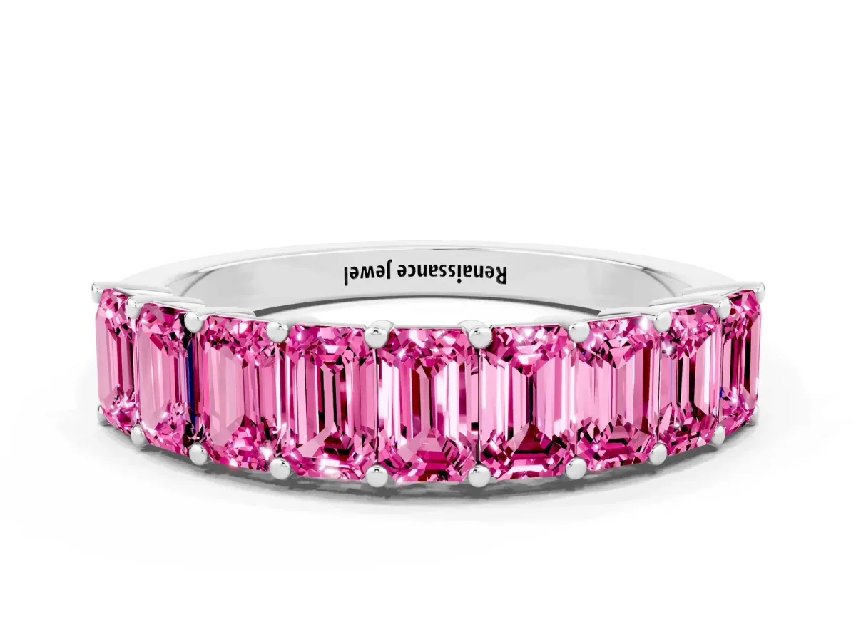 Emerald Cut Pink Sapphire Prong-Set Eternity Band Silver