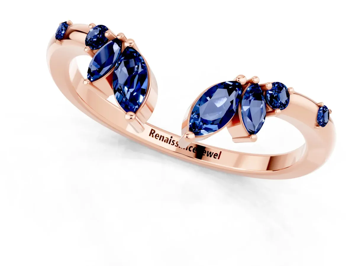 Open Marquise Cluster Blue Sapphire Band with Prong Setting Rose gold