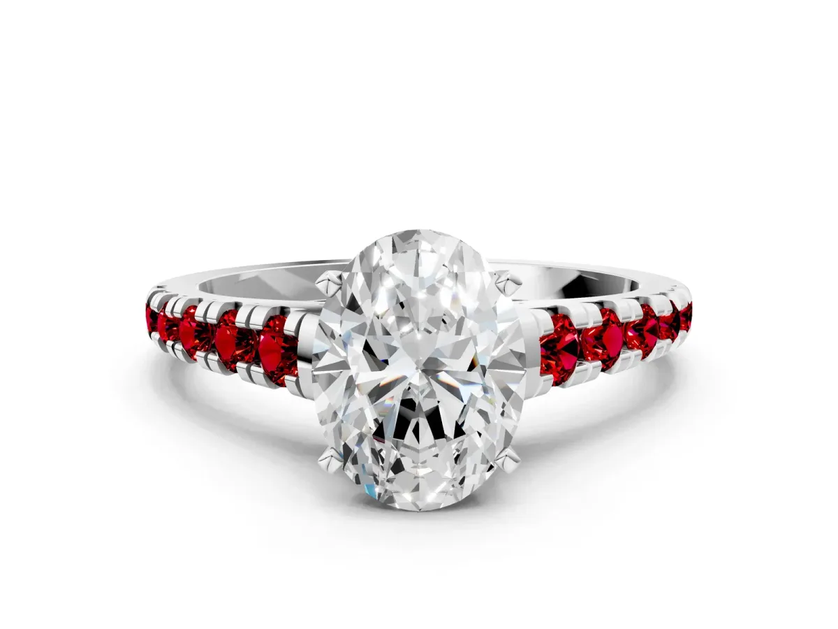 Oval Cut Diamond Cathedral Solitaire Ring with Round Ruby Pavé Band Silver
