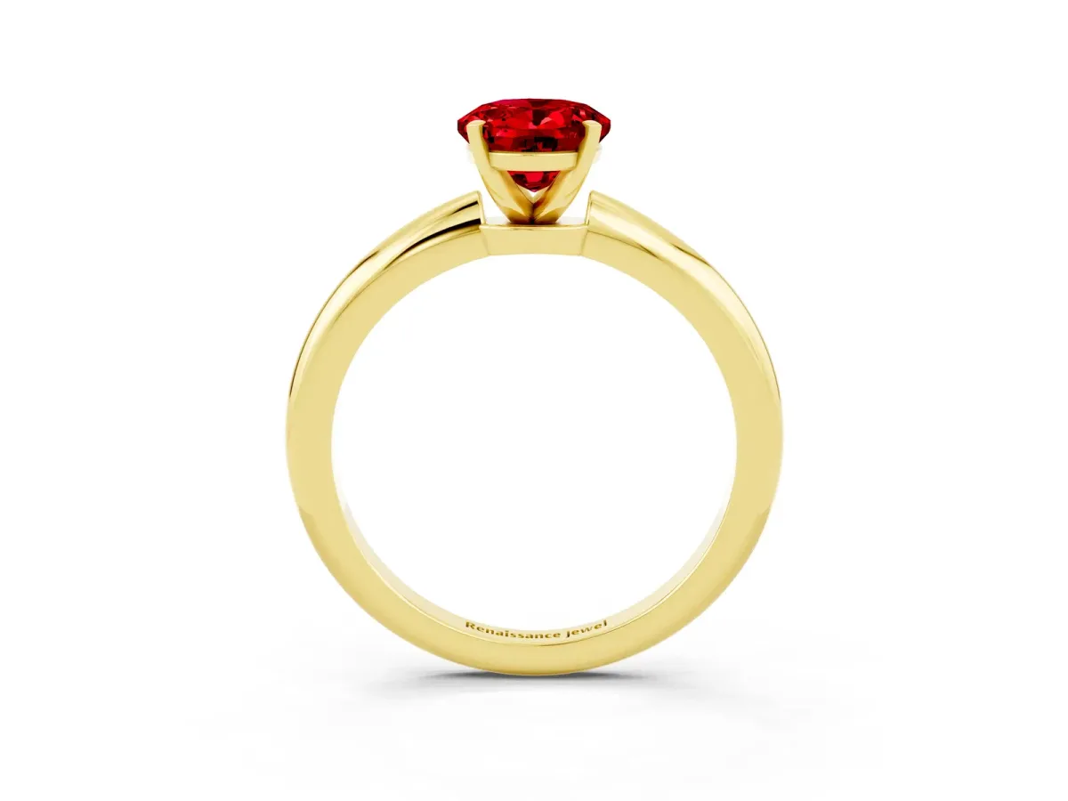 Oval Cut Ruby Solitaire Ring with Six-Prong Setting and Classic Band Yellow gold