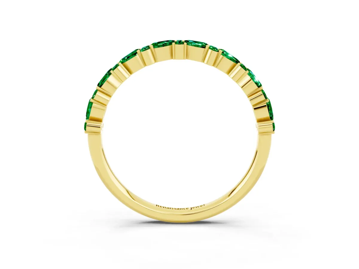 Pear and Round Emerald Wedding Band Yellow gold