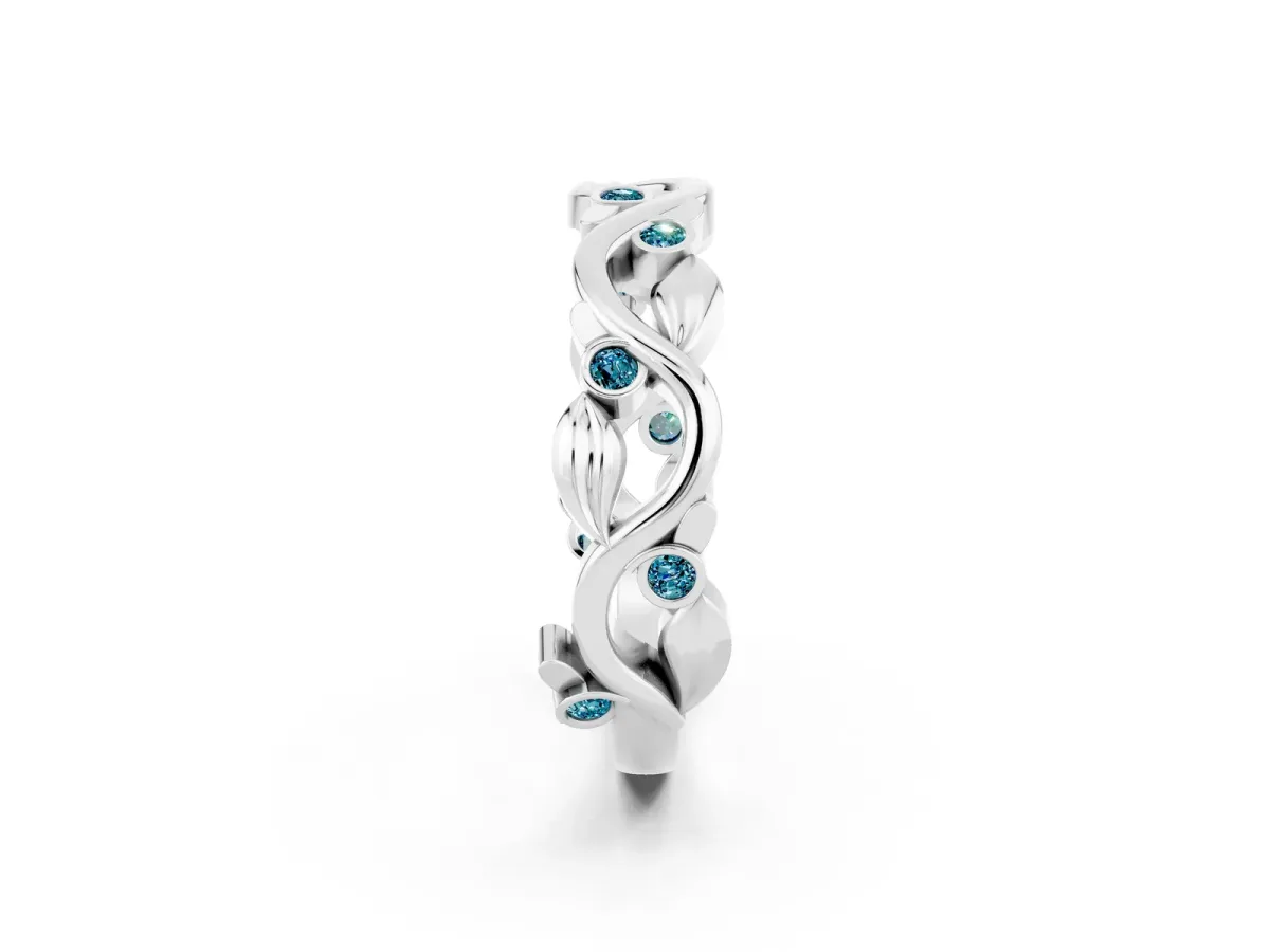 Round Blue Topaz Leaf Eternity Band with Bezel Setting White gold