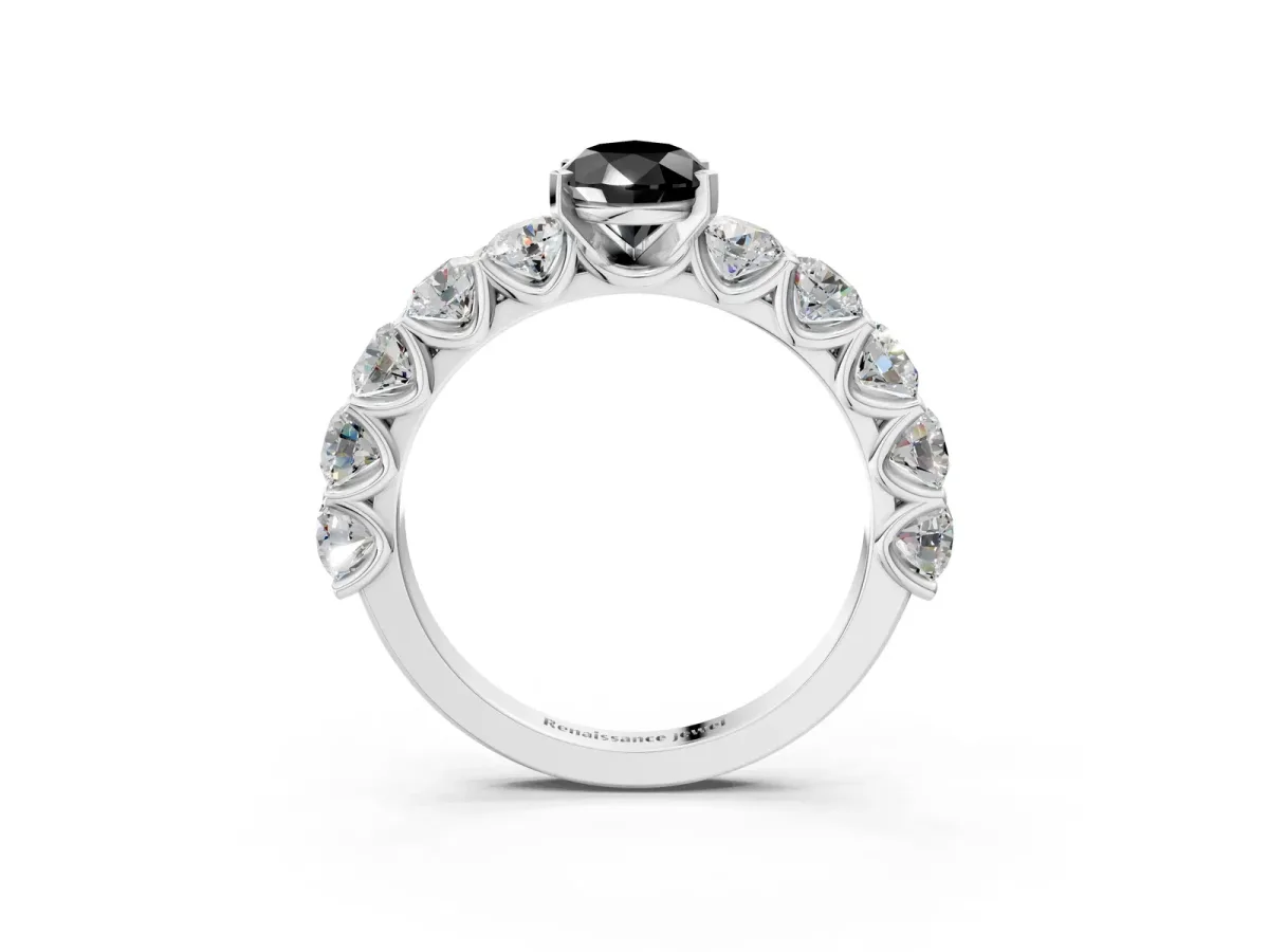 Fancy Black Pear Cut Diamond Prong Setting with Side Stones on a Pave Band Silver
